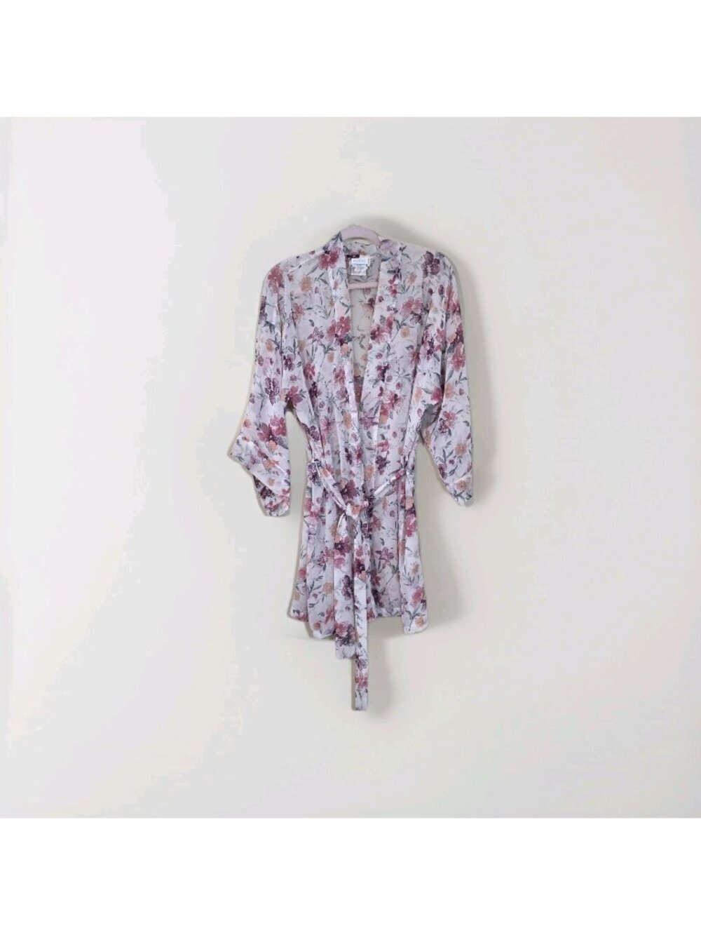 Vtg La Senza Short Kimono Robe S/M Sheer Chiffon Floral Watercolor Belt Coquette